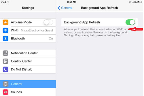 iOS General Settings, Toggle Background App Refresh